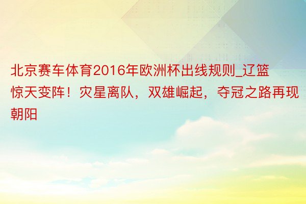 北京赛车体育2016年欧洲杯出线规则_辽篮惊天变阵！灾星离队，双雄崛起，夺冠之路再现朝阳